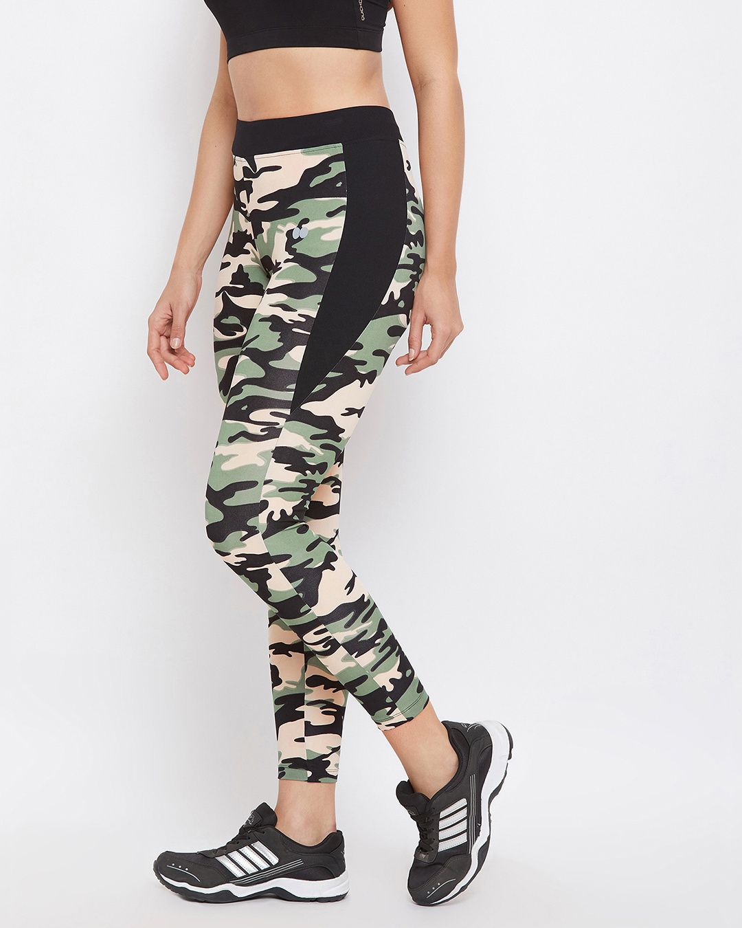 Shop Camouflage Print Activewear Ankle Length Tights In Moss Green-Back