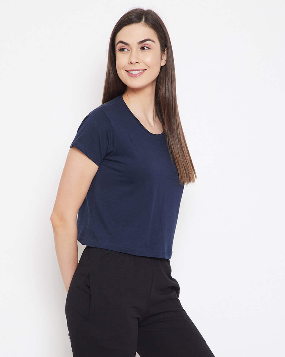Shop Chic Basic Cropped Sleep Women's Tee in Navy-Back