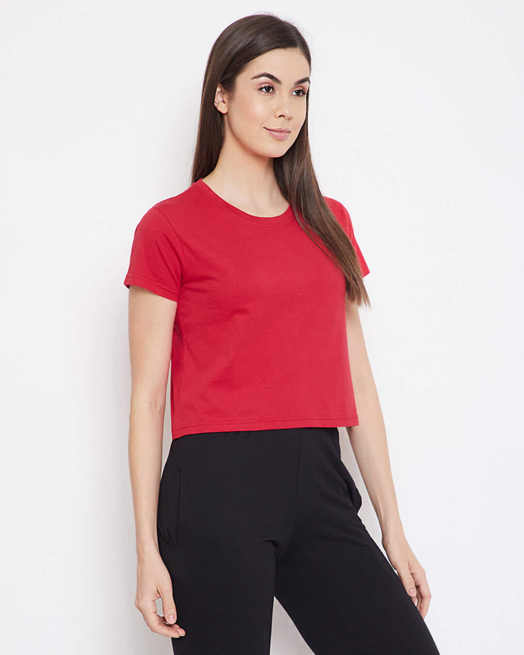 Shop Chic Basic Cropped Sleep Women's Tee in Red-Back