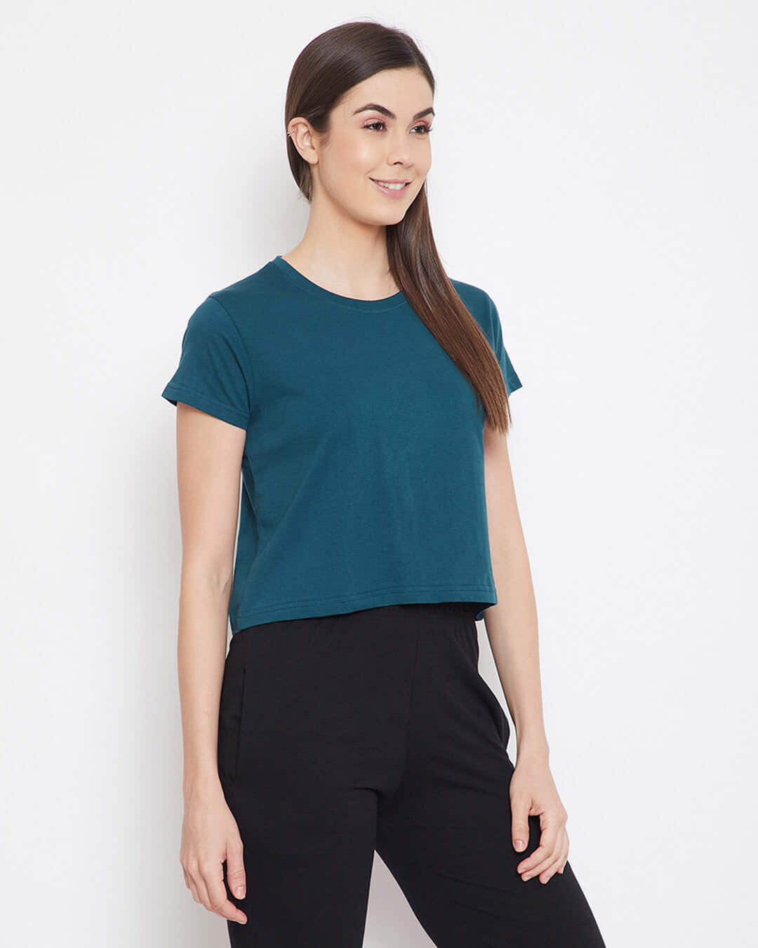 Shop Chic Basic Cropped Sleep Women's Tee in Teal-Back