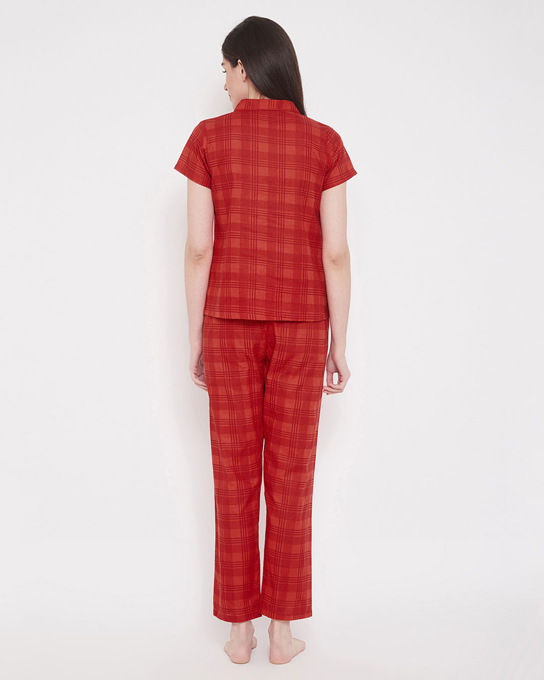 Shop Classic Checks Button Me Up Shirt And Pyjama In Red  Pure Cotton-Back