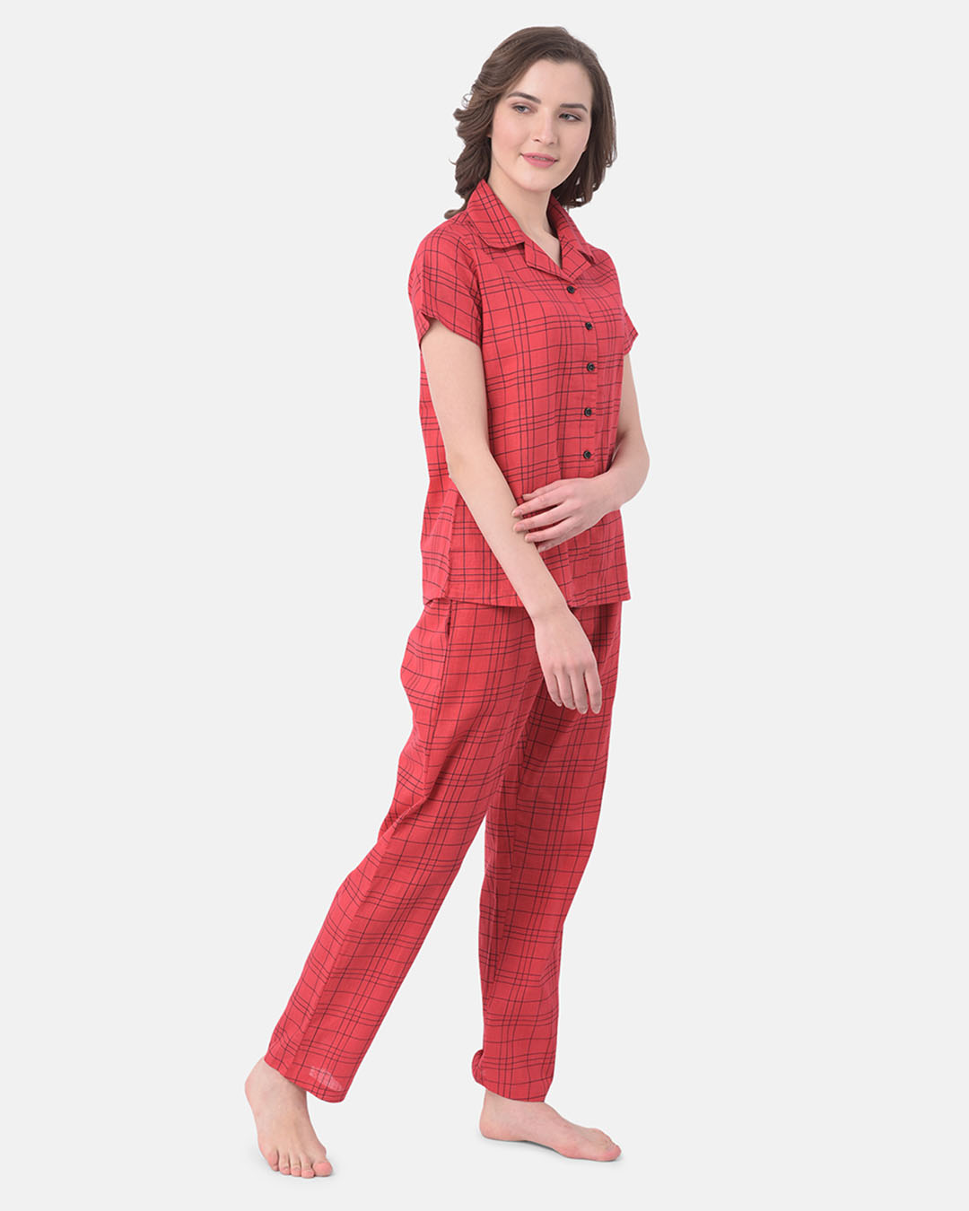 Shop Classic Checks Button Me Up Shirt & Pyjama In Red-Back