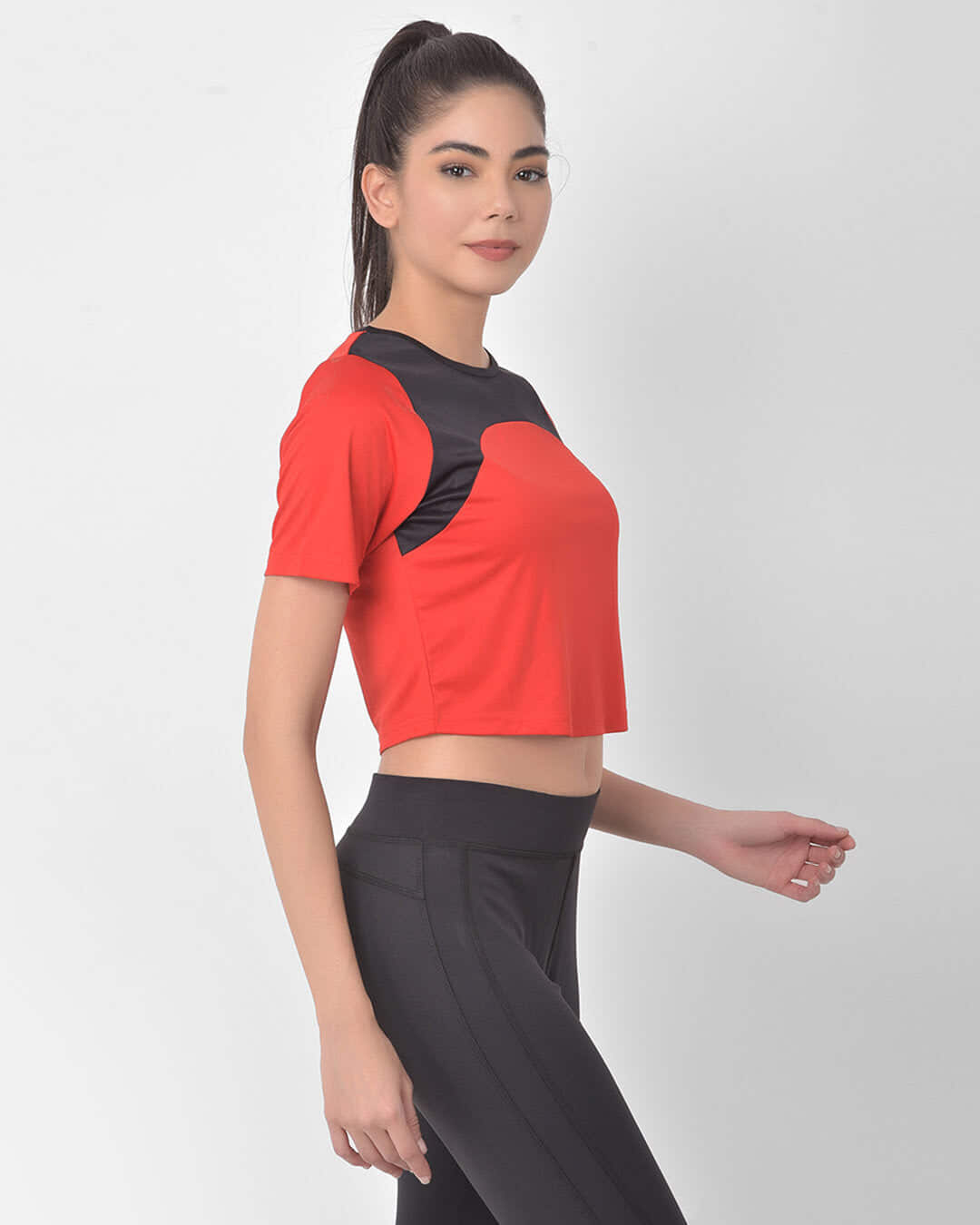 Shop Comfort Fit Active Cropped Women's T-shirt in Red with Yoke Panel-Back