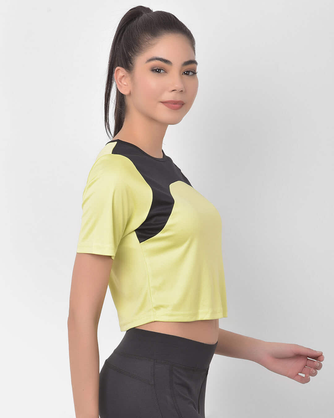 Shop Comfort Fit Active Cropped T Shirt In Yellow With Yoke Panel-Back