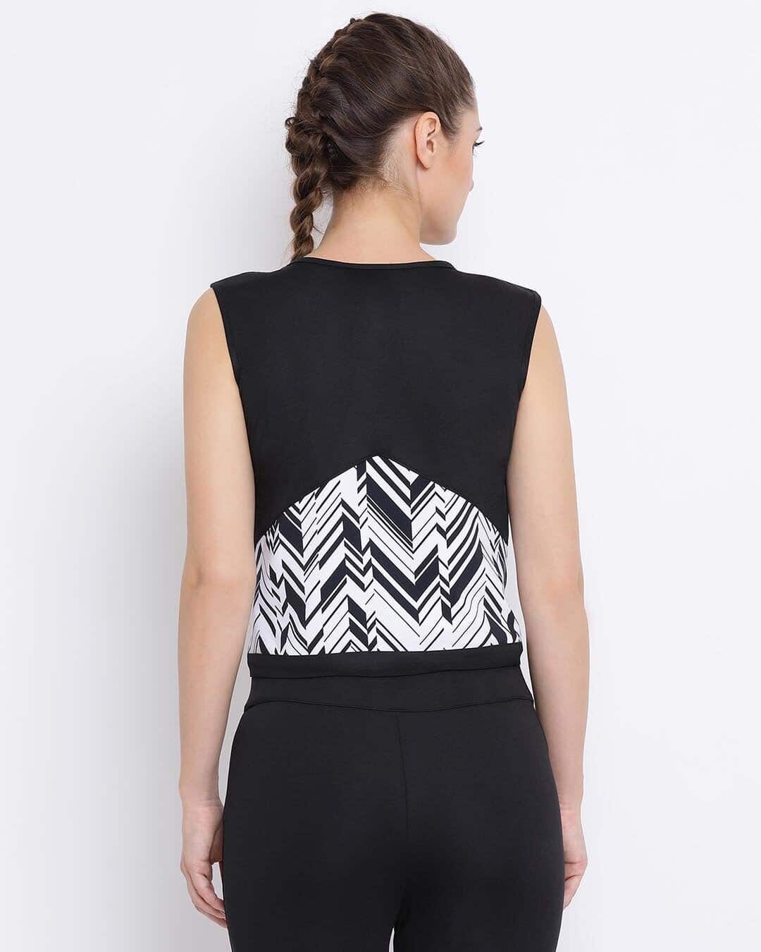 Shop Comfort Fit Active Geometric Print Crop Top With Full Front Zip In Black & White-Back