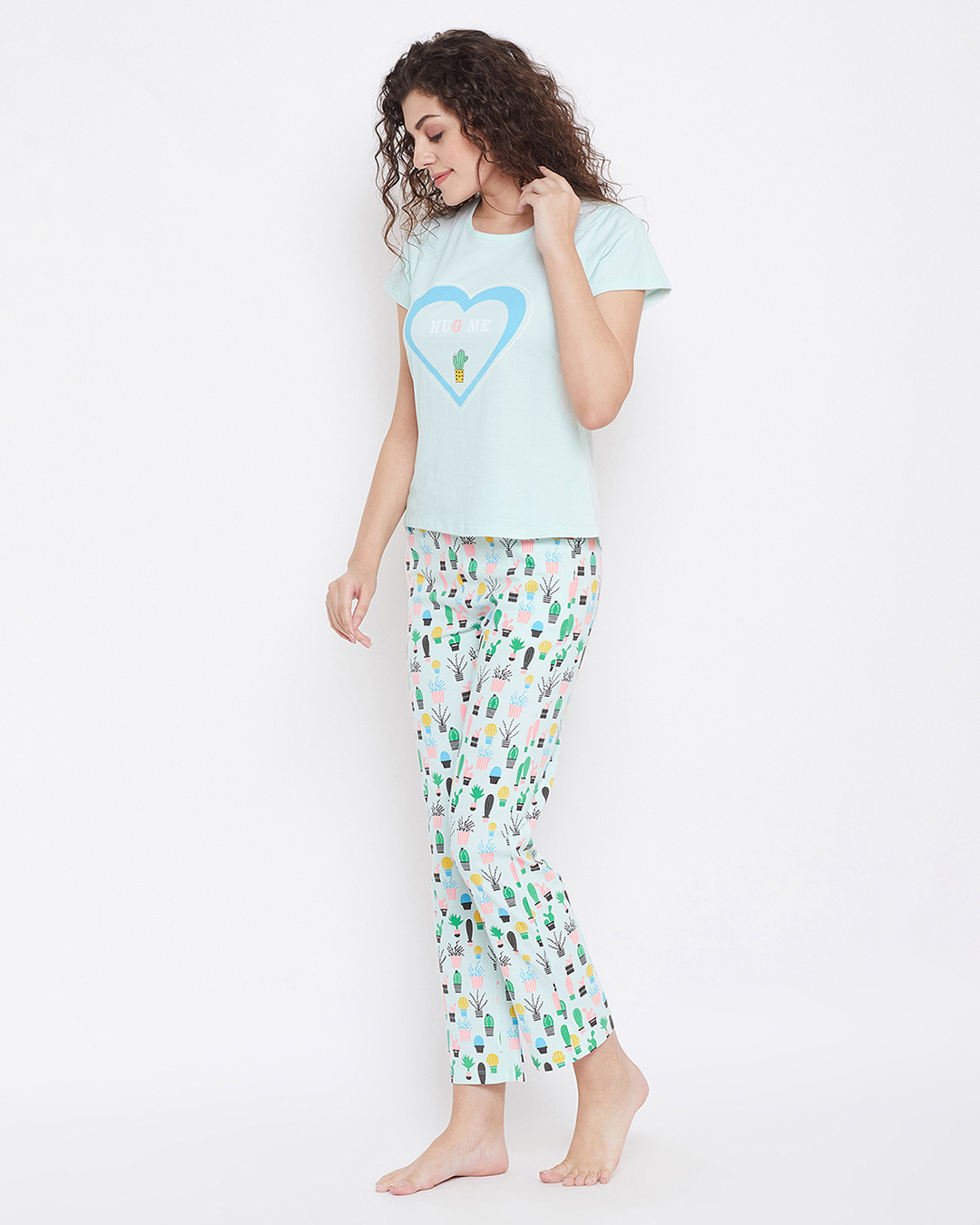 Shop Cool Cactus Top & Pyjama Set In Light Blue  Cotton Rich-Back
