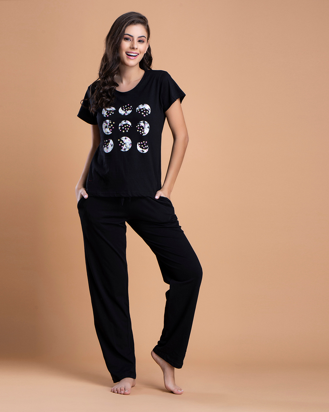 Shop Cotton Chest Printed T Shirt And Basic Pyjama Set-Front