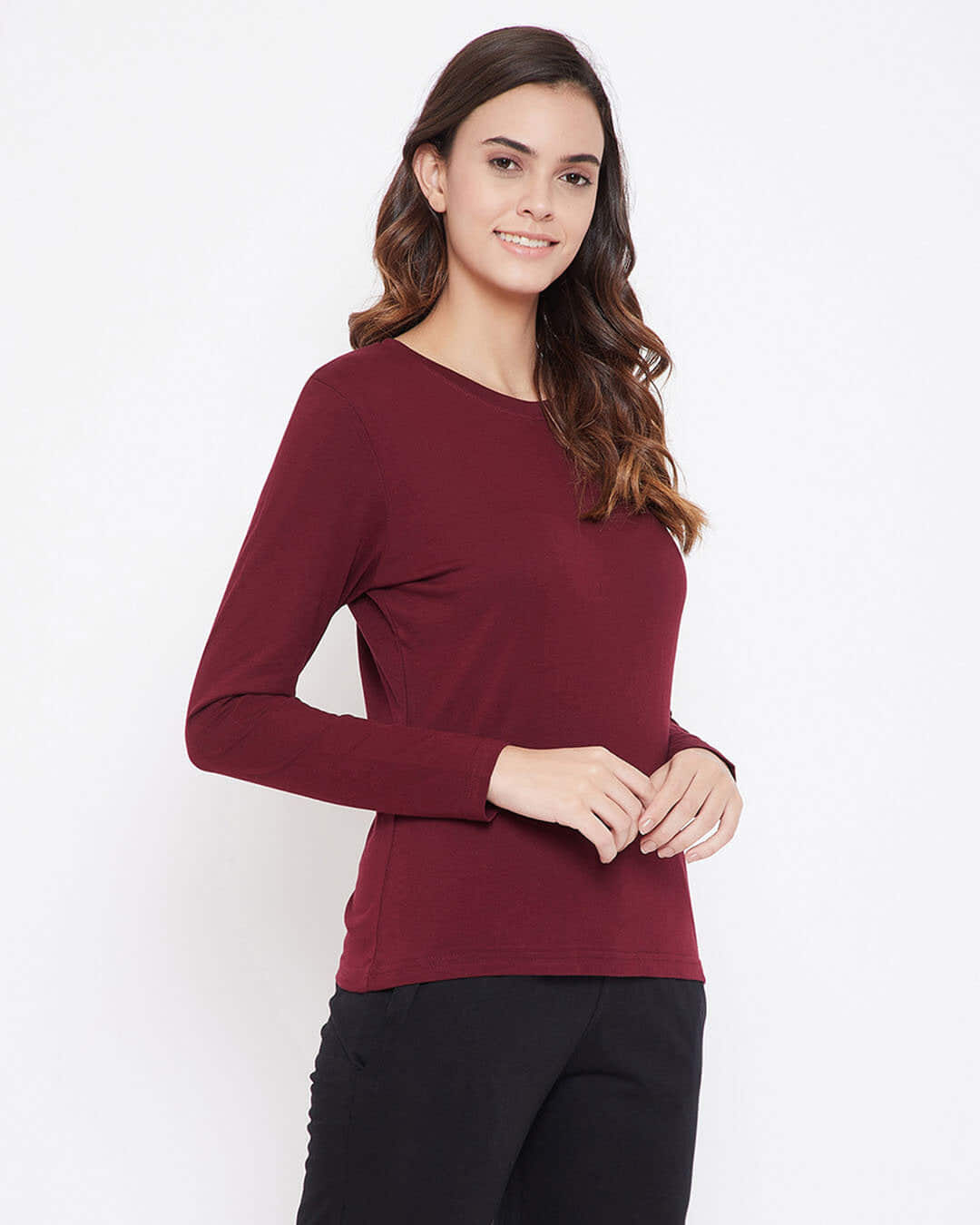 Shop Cotton Chic Basic Full Sleeve Maroon Women's T-shirt-Back