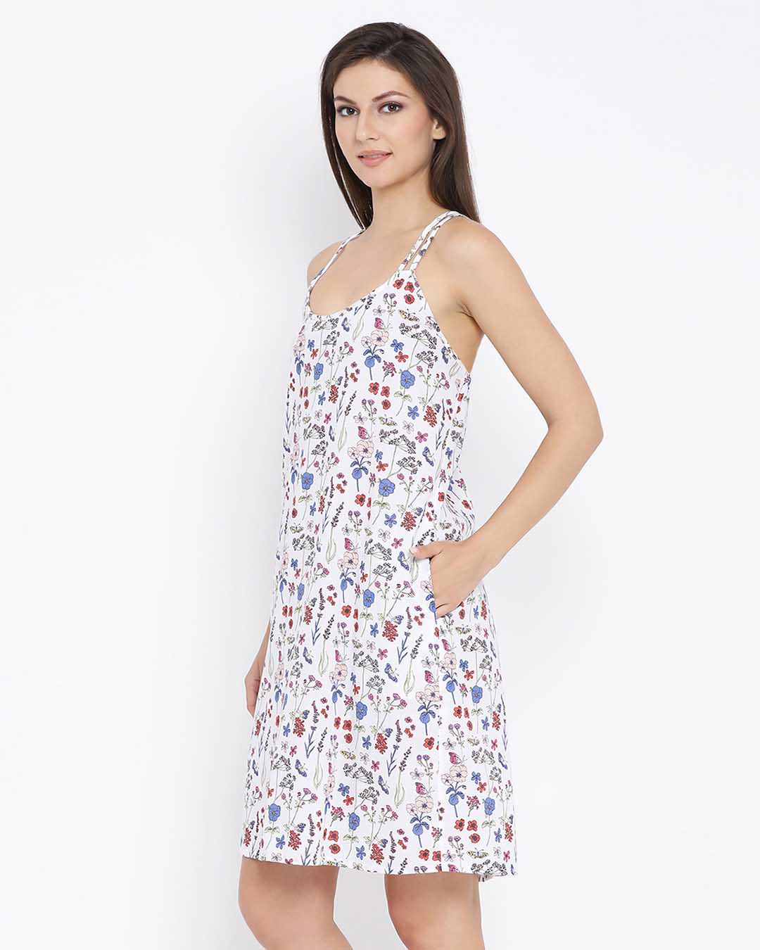 Shop Cotton Floral Print Short Nightdress With Crossback In White-Back