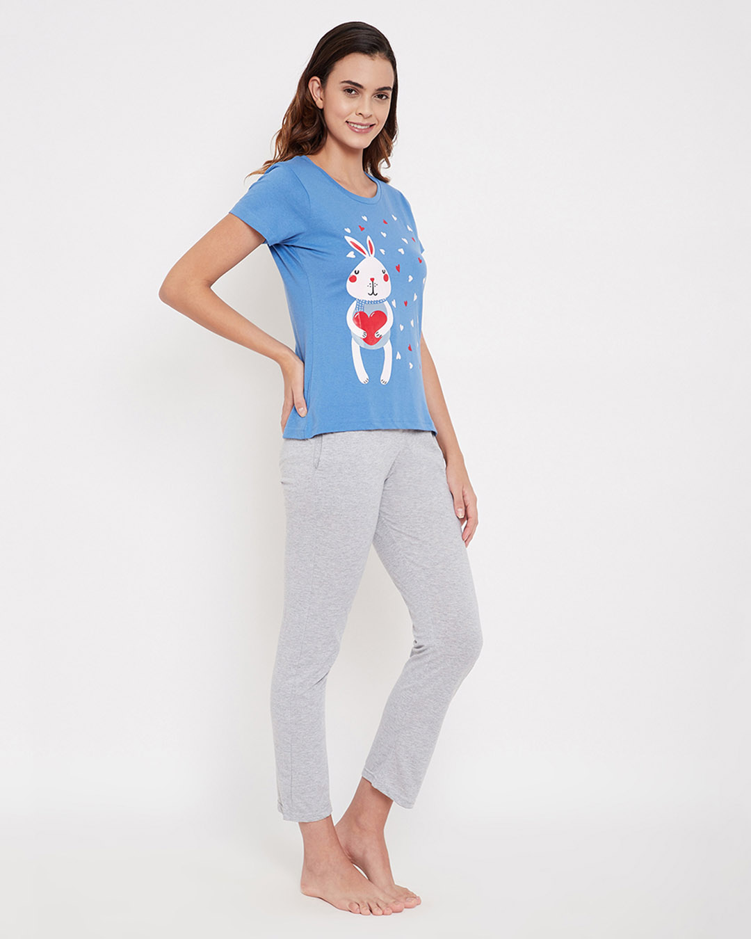 Shop Cotton Graphic Print Top & Basic Pyjama Set   Blue & Grey-Back