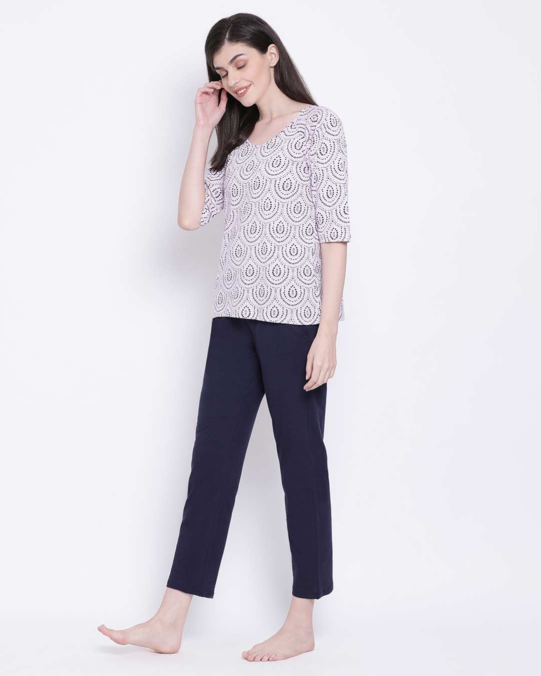 Shop Cotton Printed Top & Basic Pyjama Set-Back