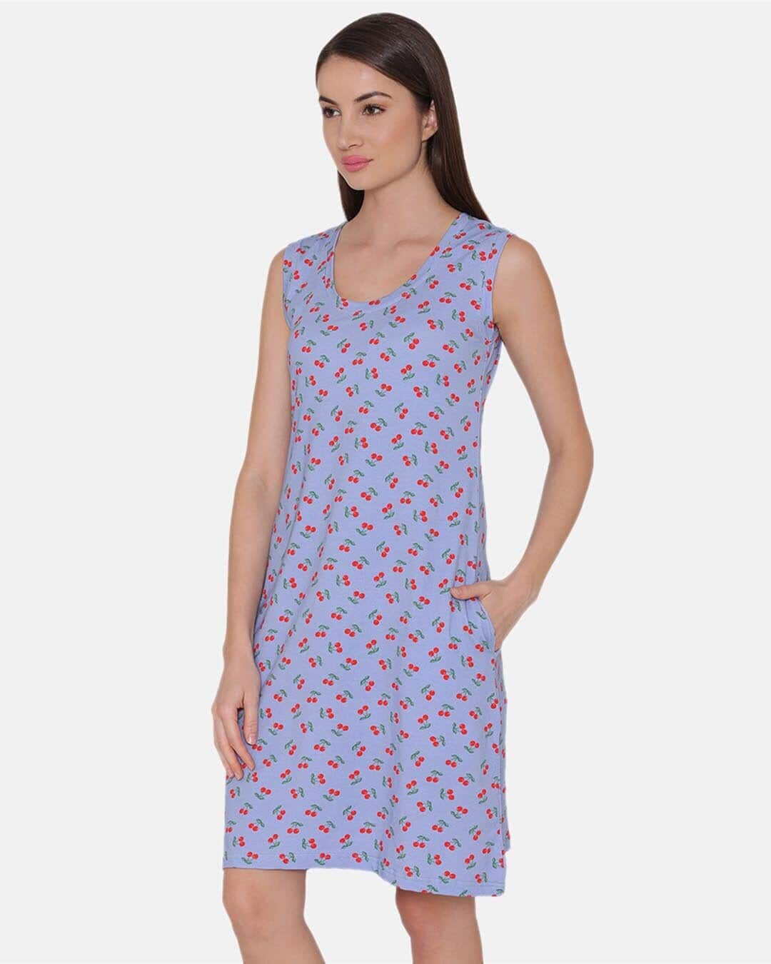Shop Cotton Rich Cherry Print Short Night Dress In Blue-Back