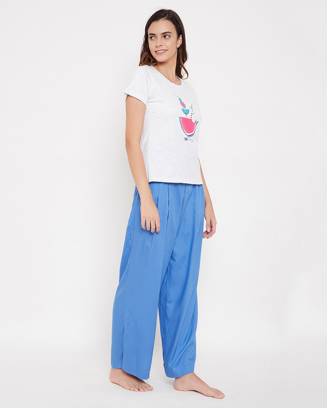 Shop Cotton Tooty Fruity Top & Wide Leg Pyjama Pants   Grey & Blue-Back