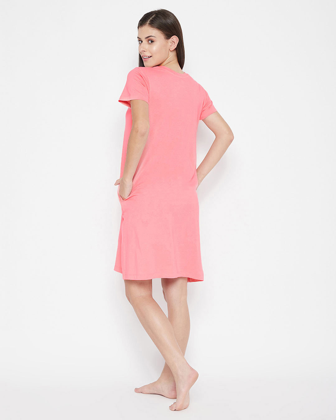 Shop Cupcake And Text Print Short Night Dress In Coral   Pure Cotton-Back