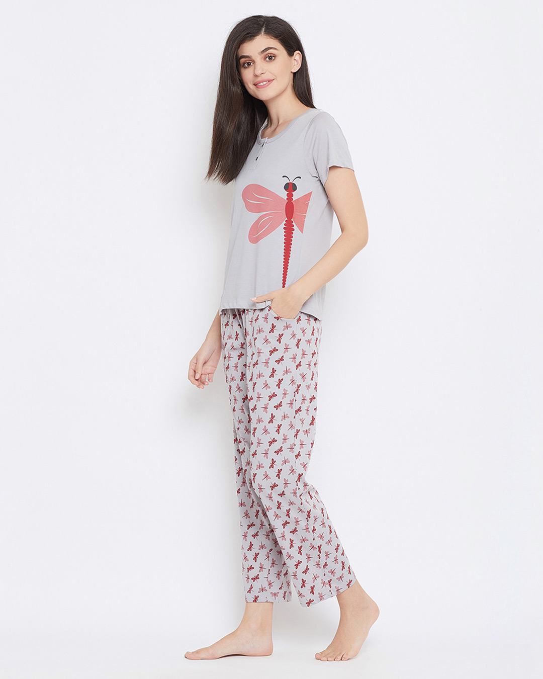 Shop Dragonfly Print Top & Pyjama In Grey   Cotton Rich-Back