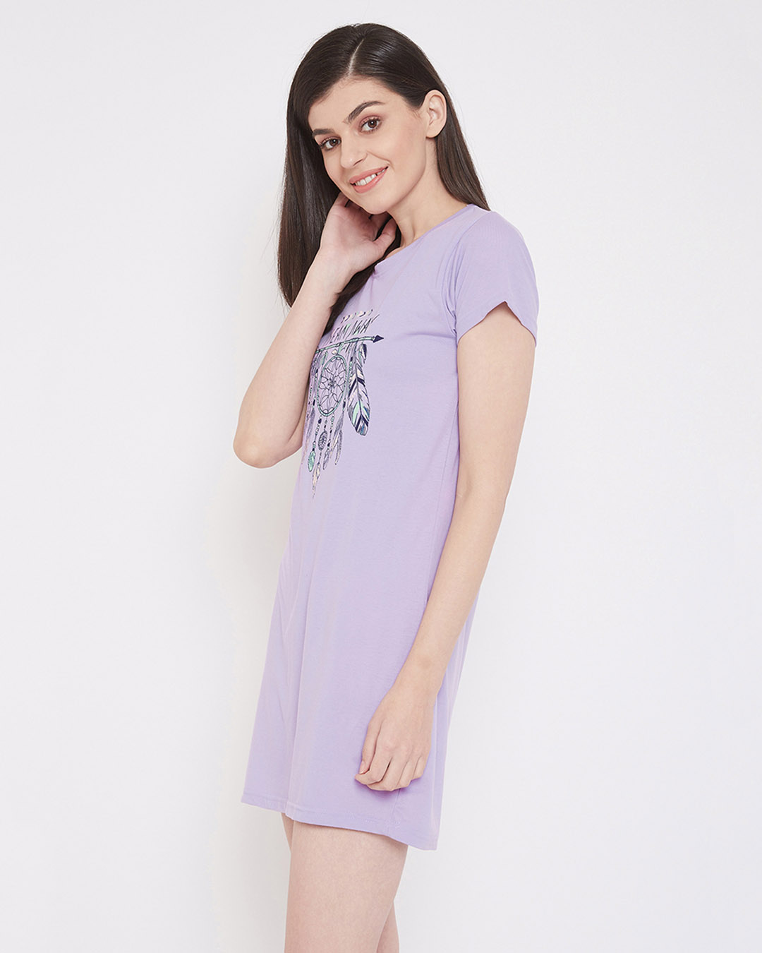 Shop Dreamcatcher Print Short Night Dress In Lilac   100% Cotton-Back