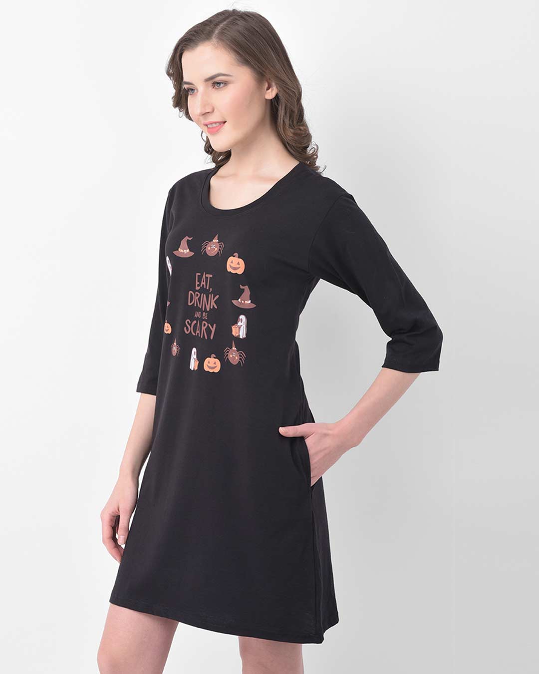 Shop Eat, Drink And Be Scary Text Print Sleep Dress In Black  100% Cotton-Back