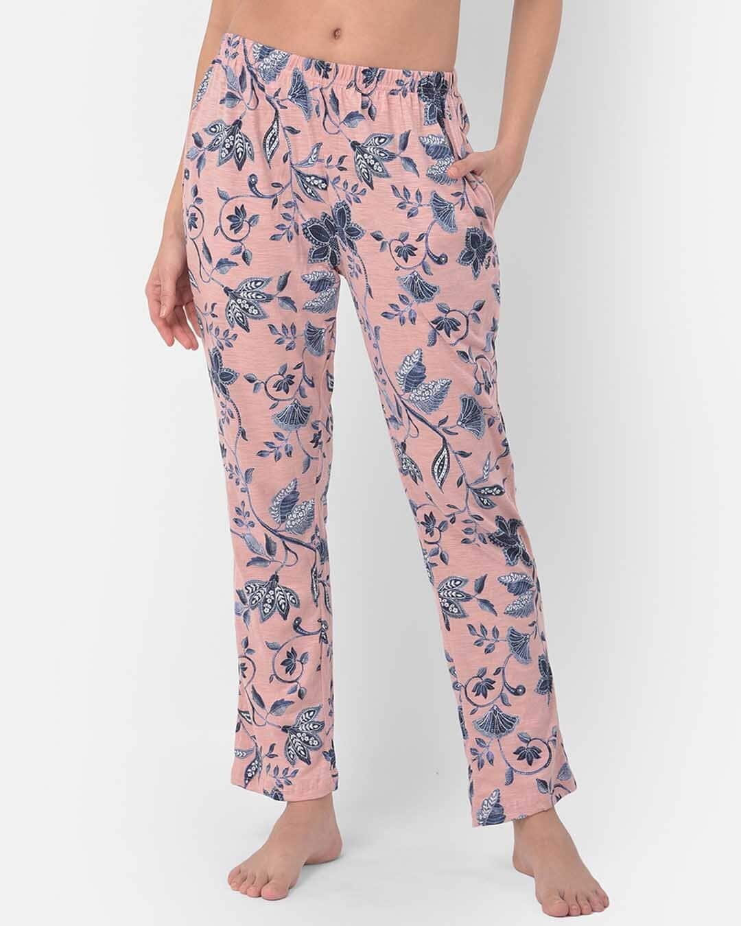 Shop Floral Print Pyjama In Baby Pink  Cotton-Front