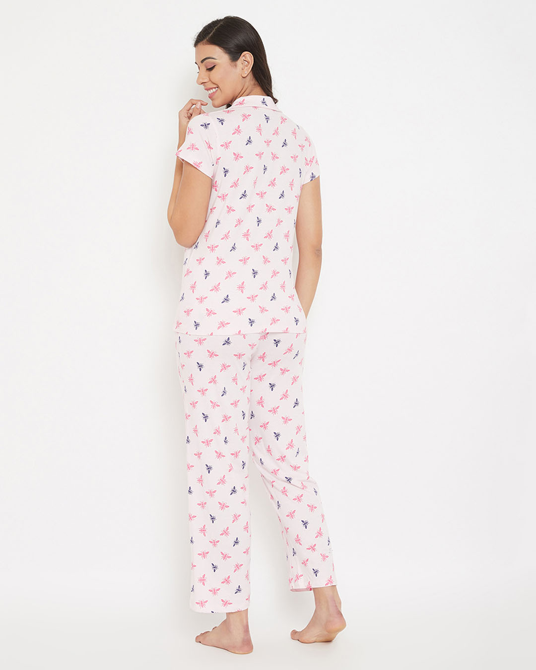 Shop Fly Print Button Me Up Shirt & Pyjama Set In Baby Pink-Back