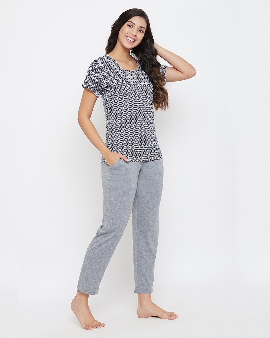 Shop Geometric Print Top & Pyjama In Navy-Back