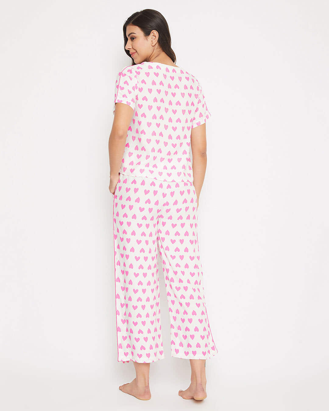 Shop Heart Print Cropped Top & Wideleg Ankle Length Pyjama In White-Back