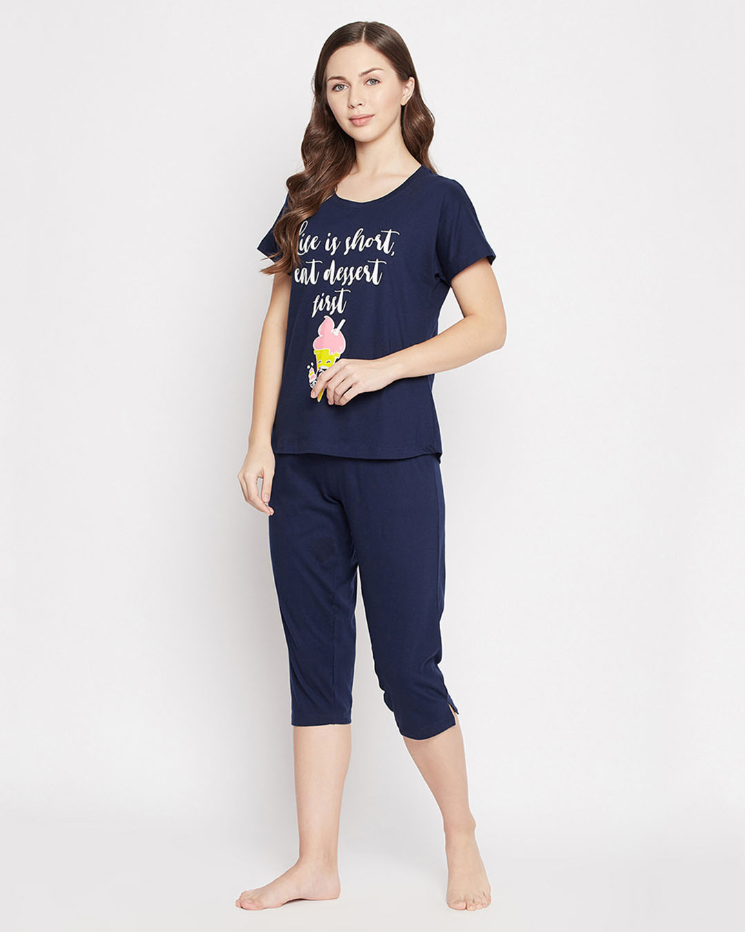 Shop Ice Cream And Text Print Top And Capri Set In Navy   Cotton Rich-Front