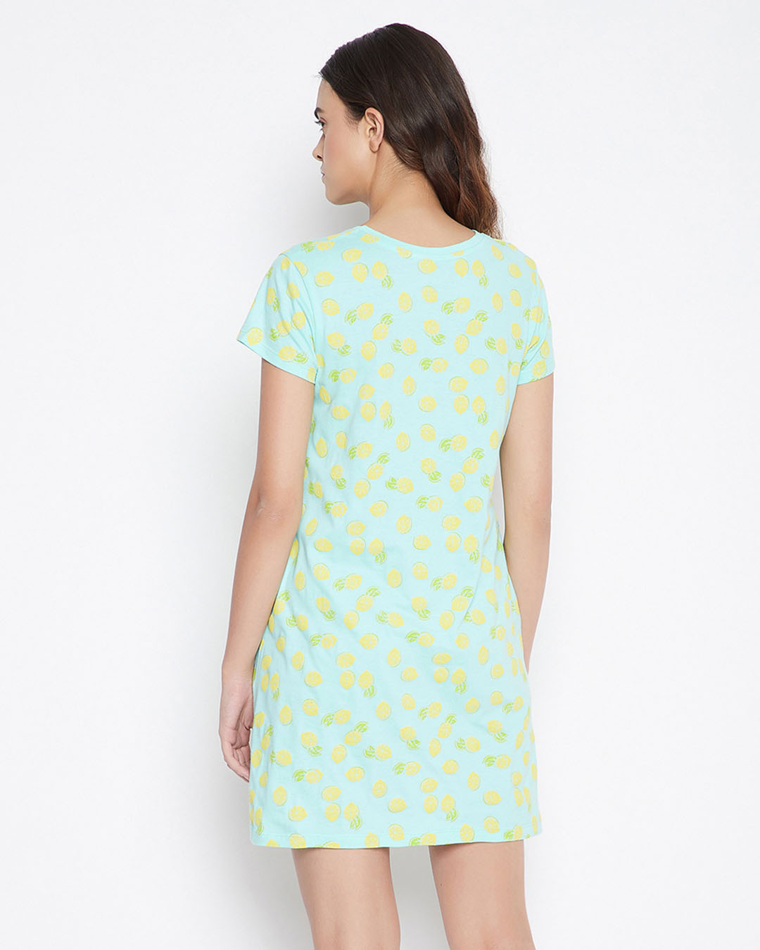 Shop Lemon Print Knee Length Short Nightdress In Cyan   Cotton-Back