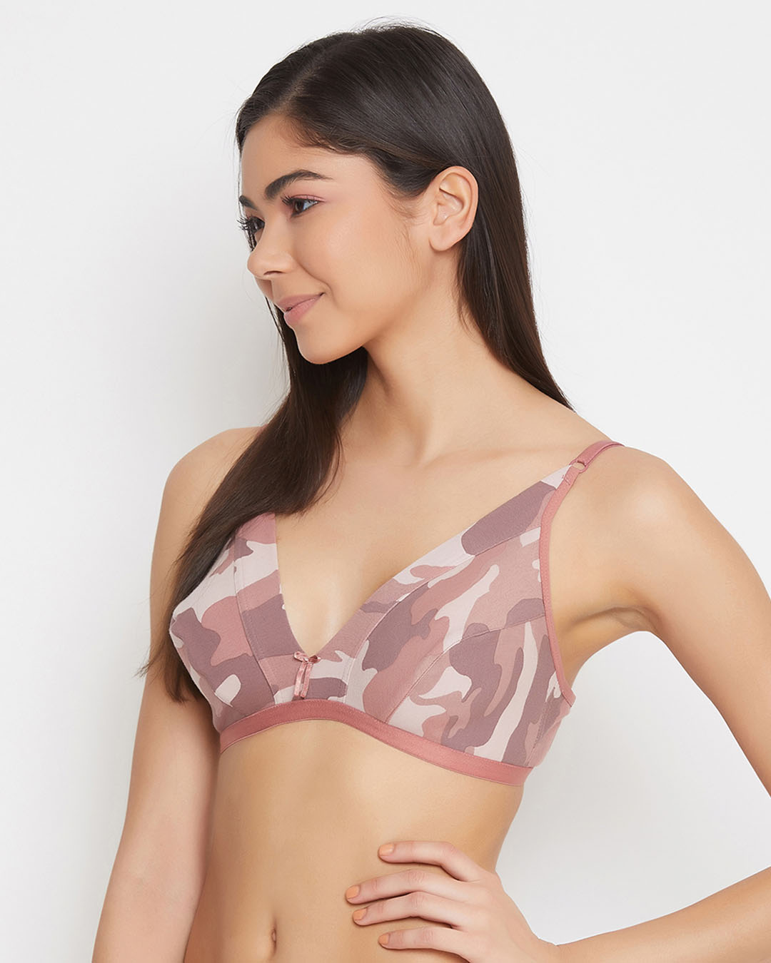 Shop Non Padded Non Wired Demi Cup Camouflage Print Plunge Bra In Dusty Pink   Cotton-Back