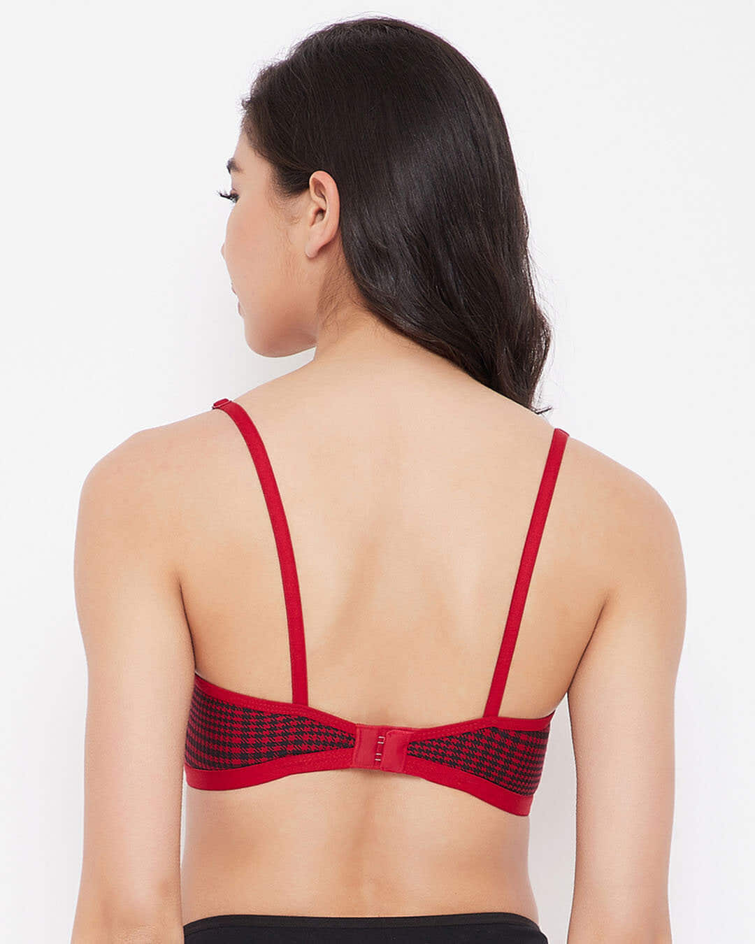 Shop Non Padded Non Wired Demi Cup Checked Plunge Bra In Red   Cotton-Back