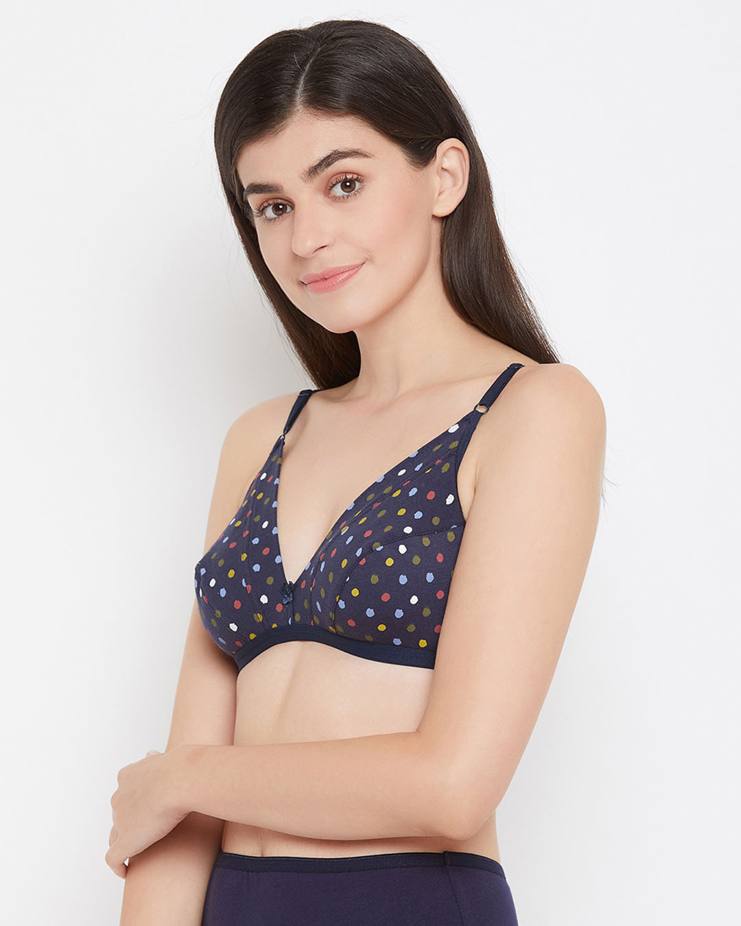 Shop Non Padded Non Wired Demi Cup Circle Print Plunge Bra In Navy   Cotton Rich-Back