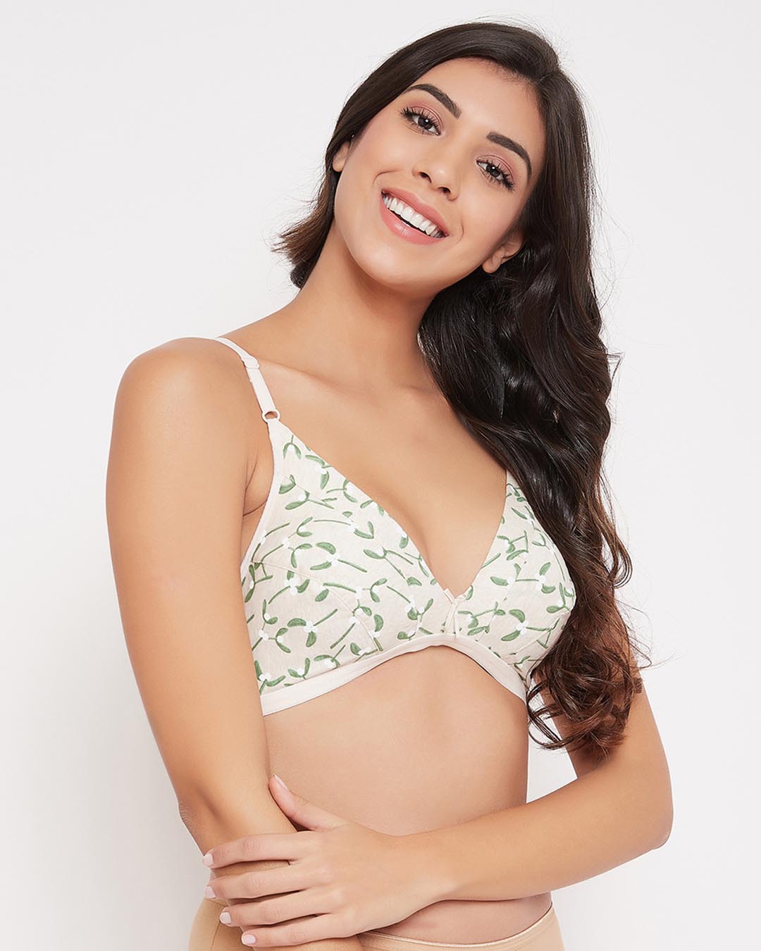 Shop Non Padded Non Wired Demi Cup Floral Print Plunge Bra In Beige   Cotton Rich-Back
