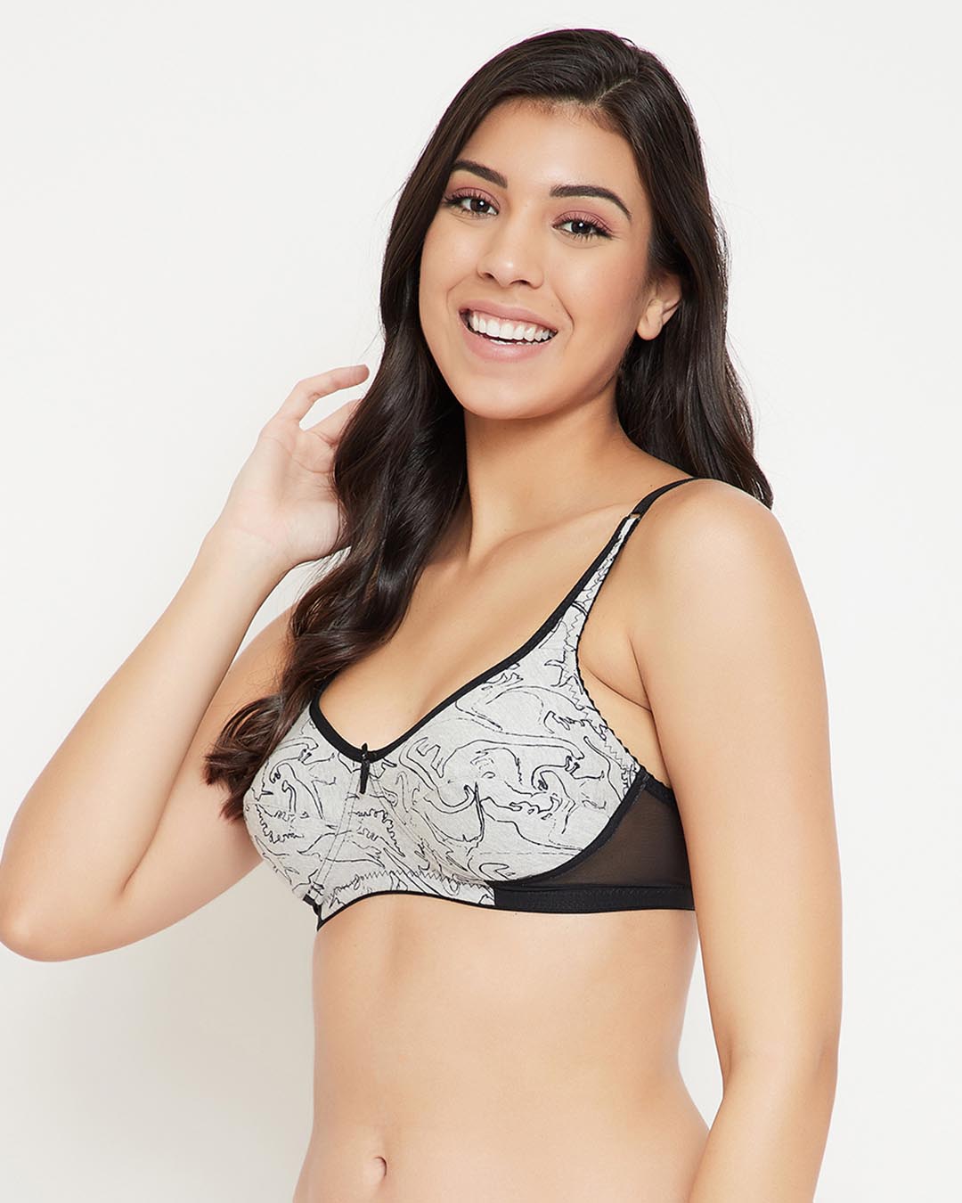 Shop Non Padded Non Wired Full Cup Abstract Print Bra In Grey-Back