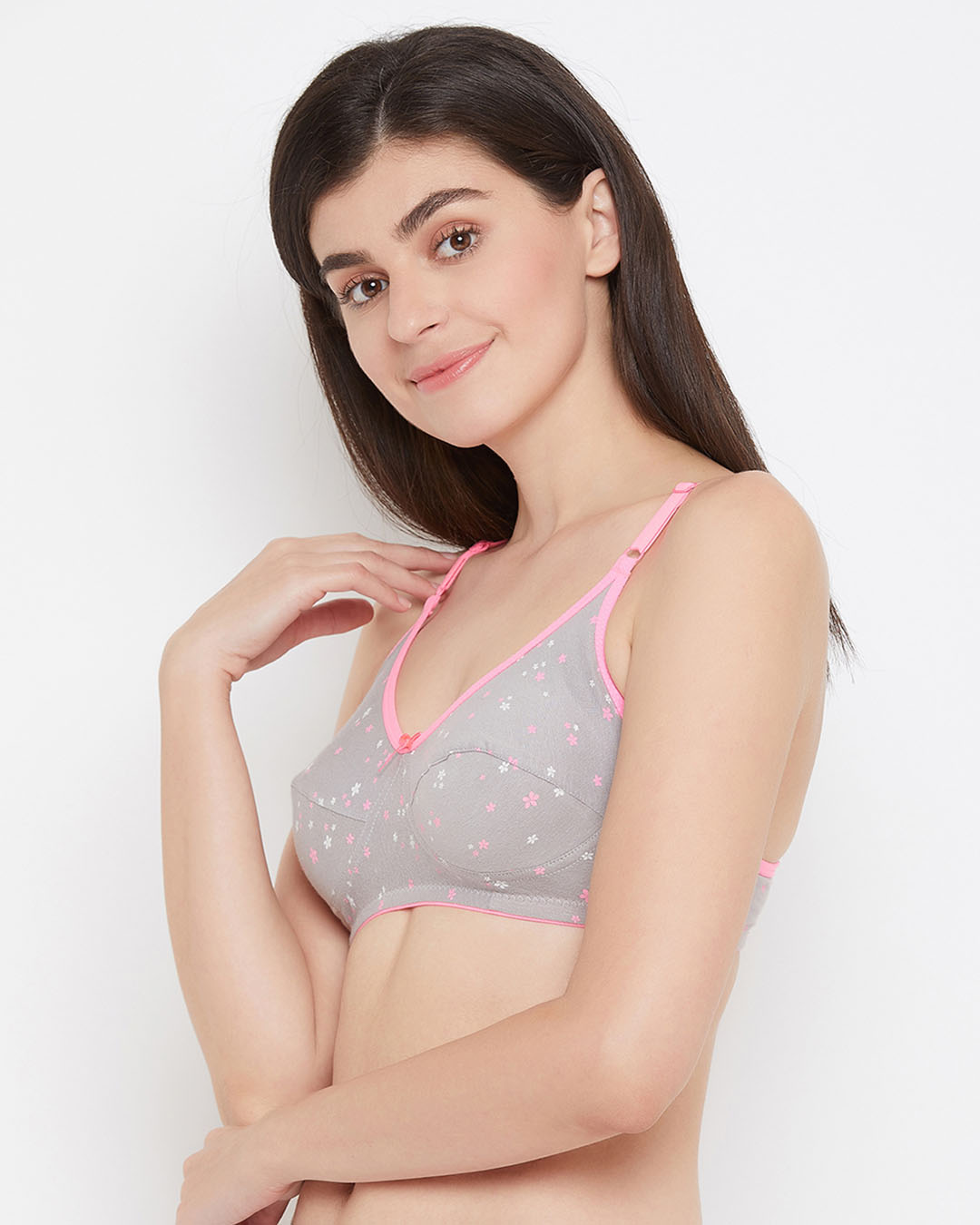 Shop Non Padded Non Wired Full Cup Floral Print Bra In Grey   Cotton-Back