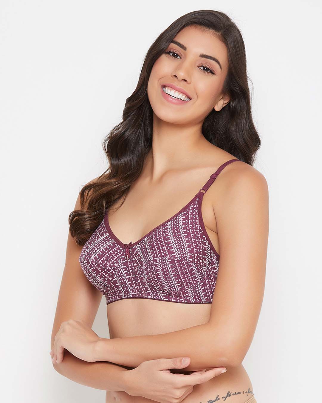 Shop Non Padded Non Wired Full Cup Printed Bra In Dark Purple   Cotton-Back