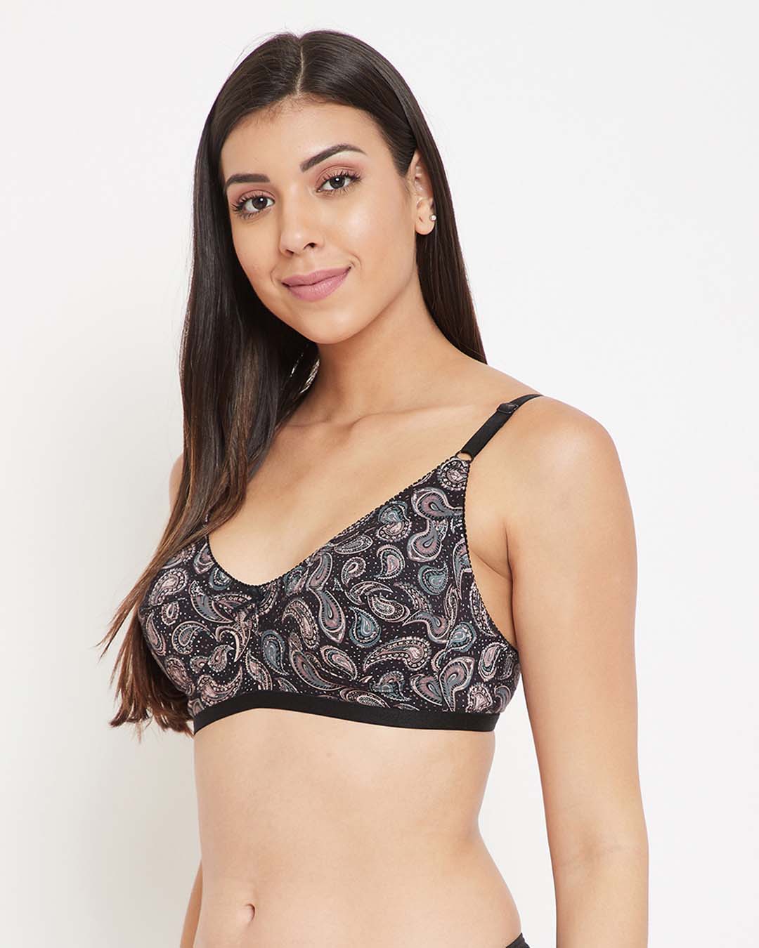 Shop Non Padded Non Wired Paisley Print Full Figure Bra In Black   Cotton Rich-Back
