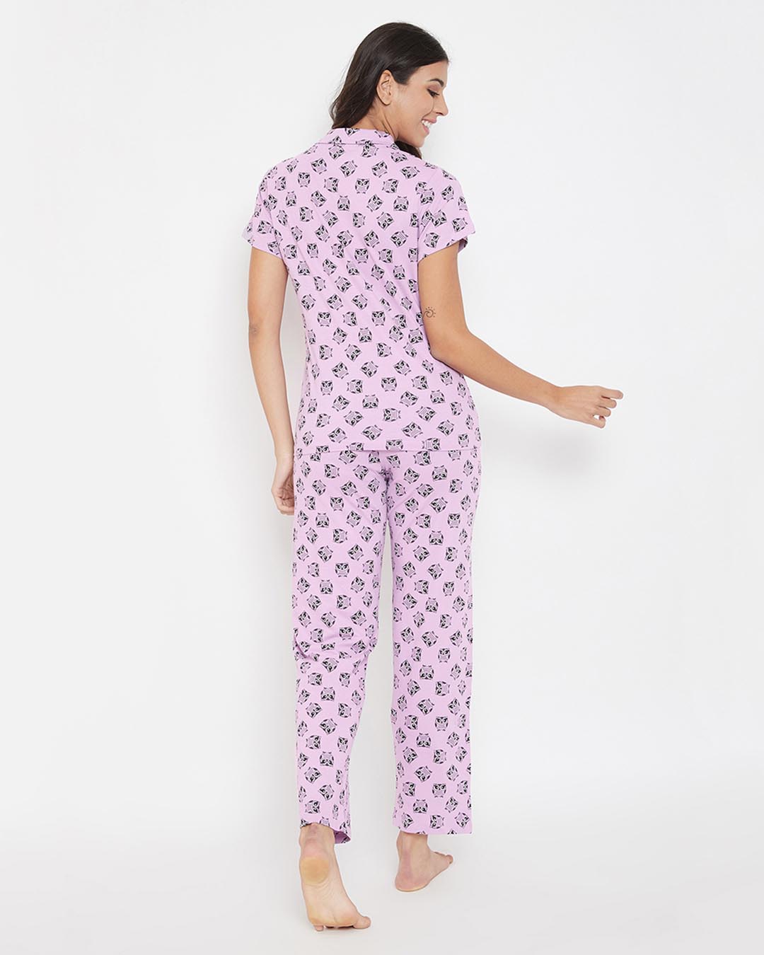 Shop Owl Print Button Me Up Shirt & Pyjama Set In Lilac-Back