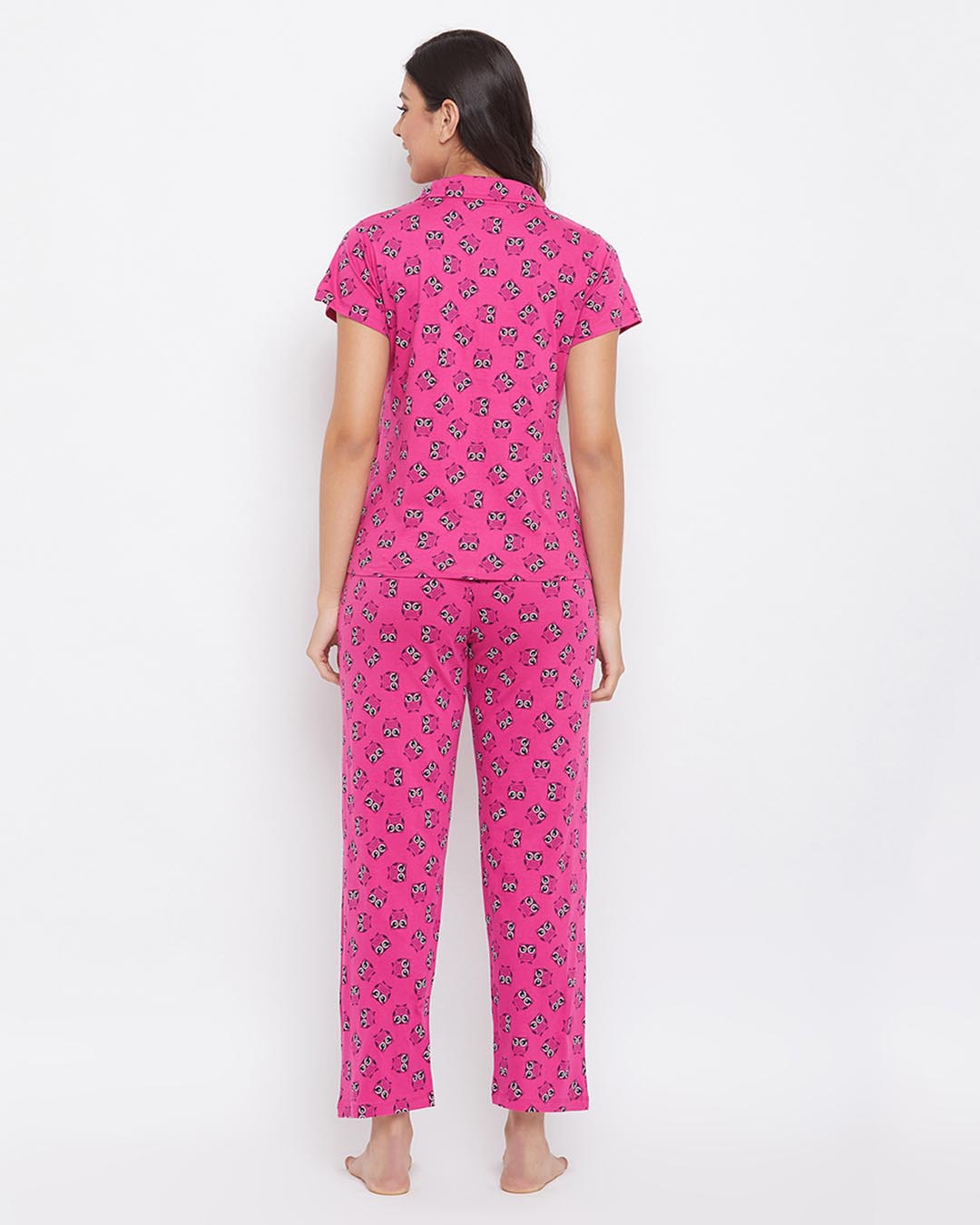 Shop Owl Print Button Me Up Shirt & Pyjama Set In Magenta-Back