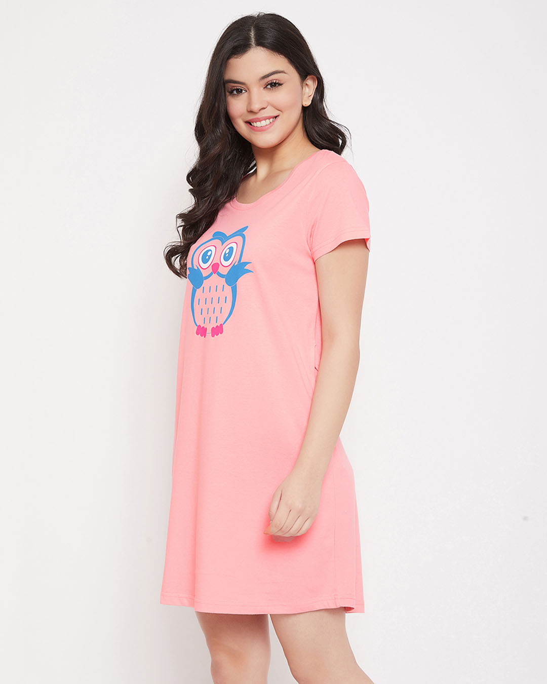 Shop Owl Print Short Night Dress In Baby Pink   100% Cotton-Back