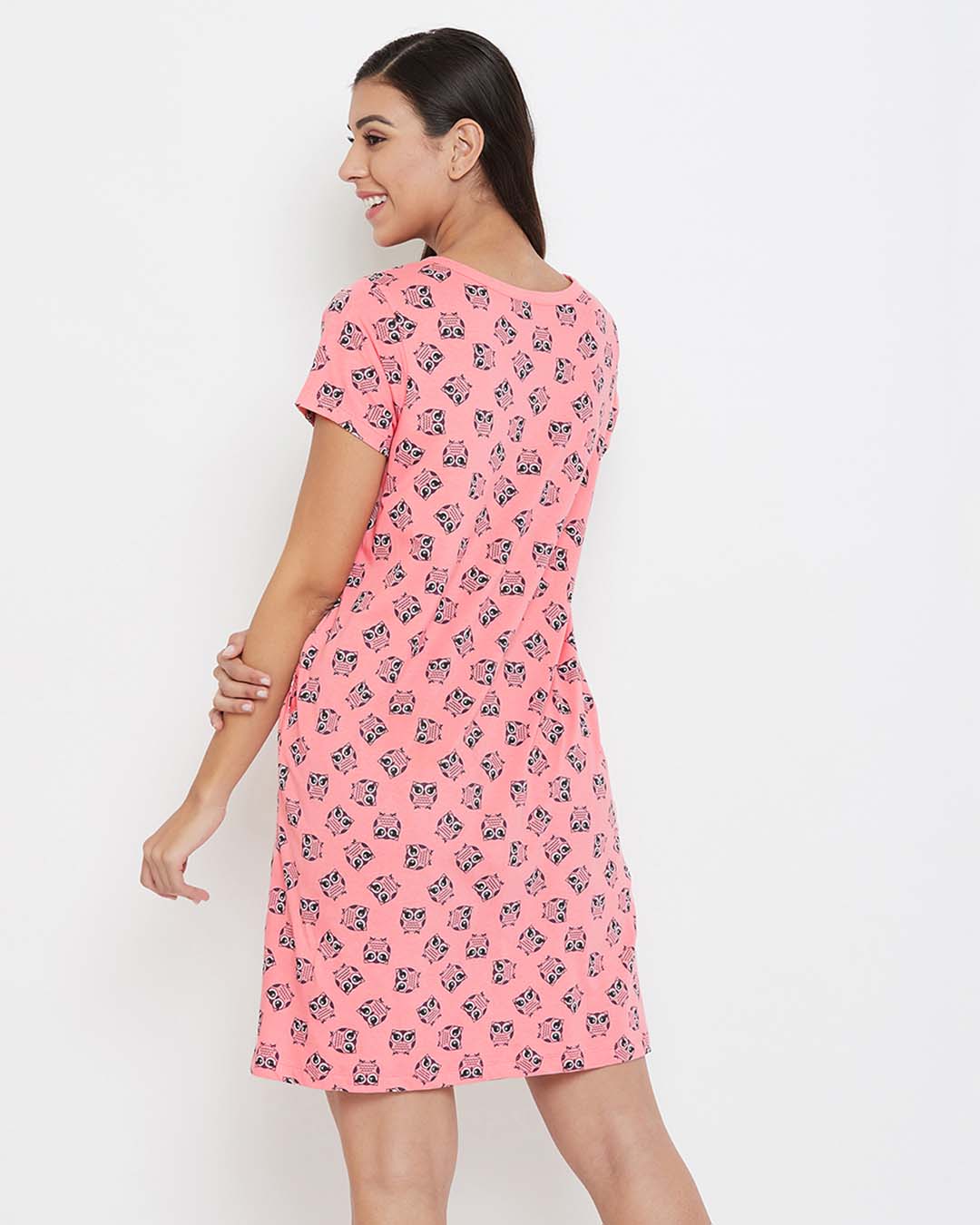 Shop Owl Print Short Night Dress In Peach Pink-Back