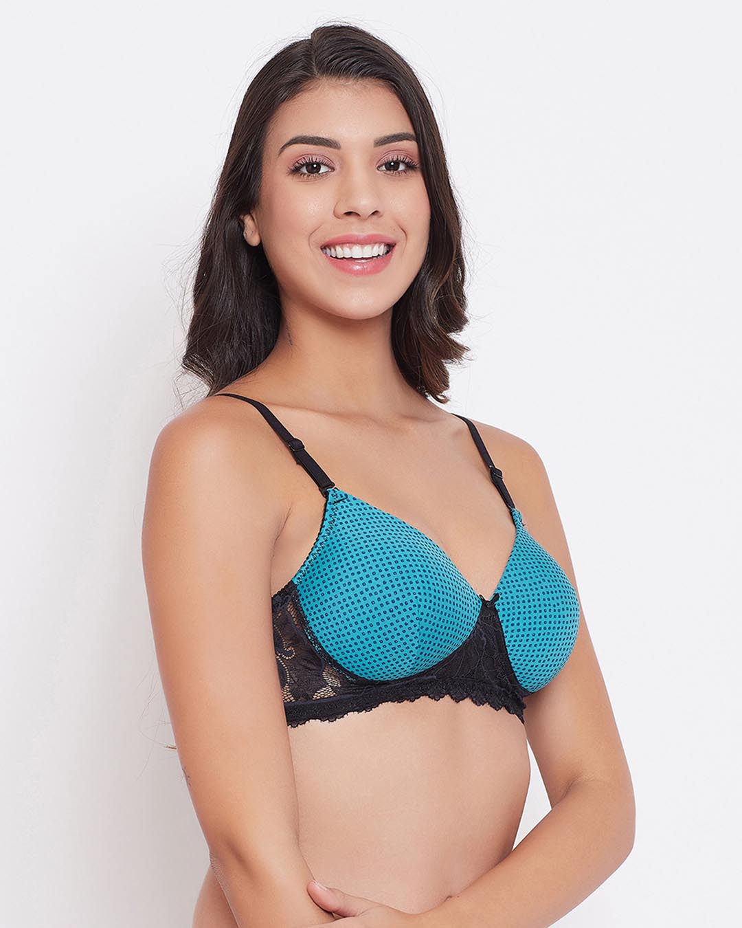 Shop Padded Non Wired Full Cup Dot Print T-Shirt Bra In Light Blue-Back