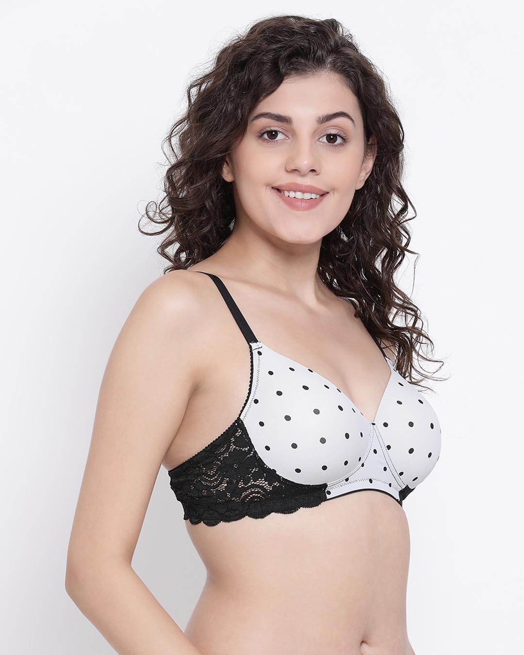 Shop Padded Non Wired Full Cup Polka Print T-Shirt Bra In White-Back
