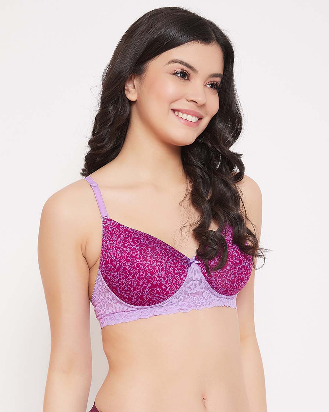 Shop Padded Non Wired Full Cup Printed T Shirt Bra In Purple-Back