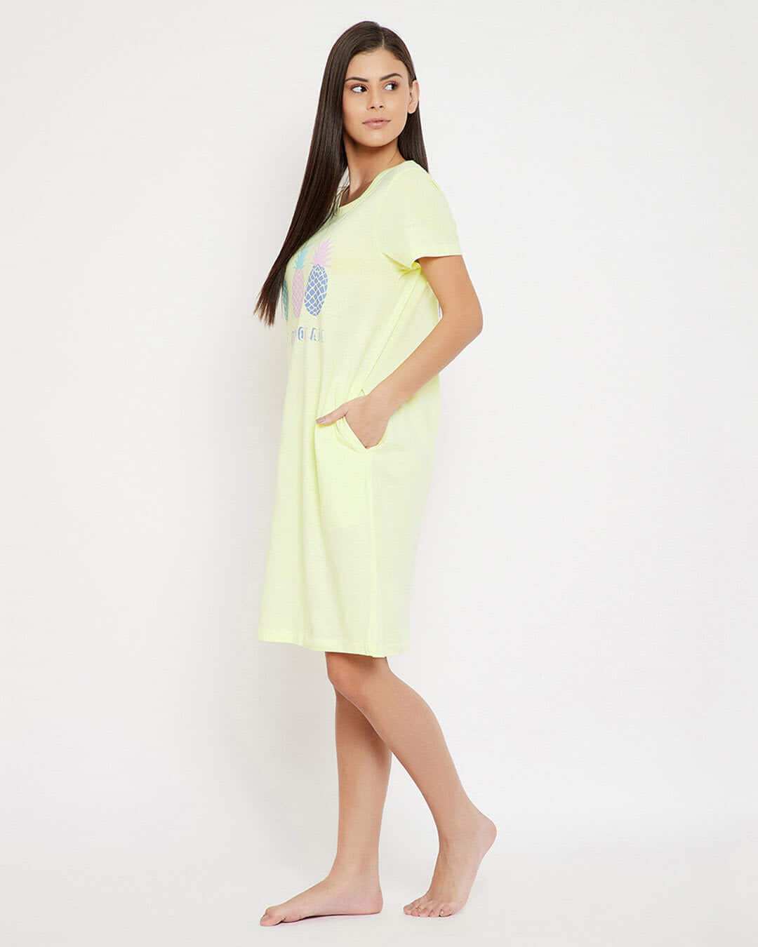 Shop Pineapple & Text Print Short Night Dress In Light Yellow   100% Cotton-Back
