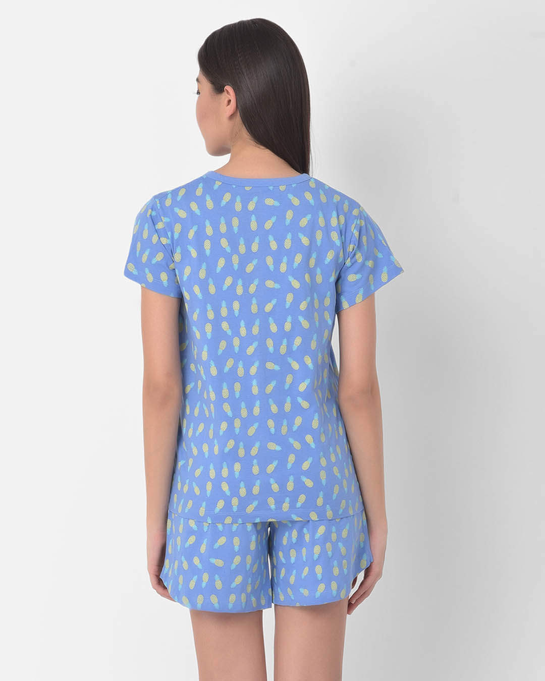 Shop Pineapple Print Button Me Up Top And Shorts Set In Powder Blue   Pure Cotton-Back