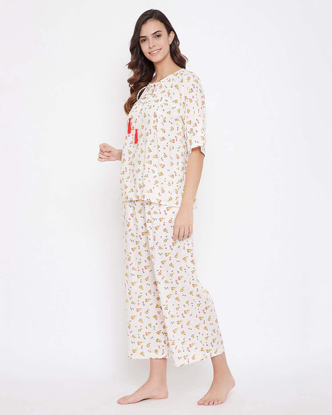Shop Pizza Print Flared Top & Pyjama Set In White   Cotton Rich-Back