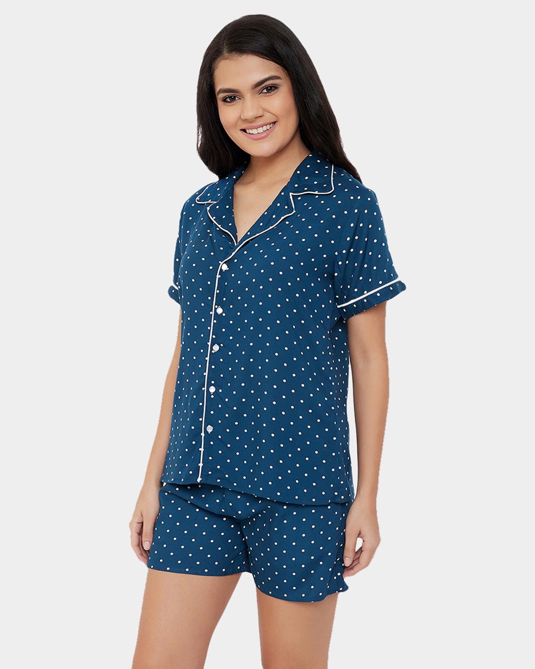 Shop Polka Print Button Down Shirt & Shorts Set In Navy Blue   100% Cotton-Back