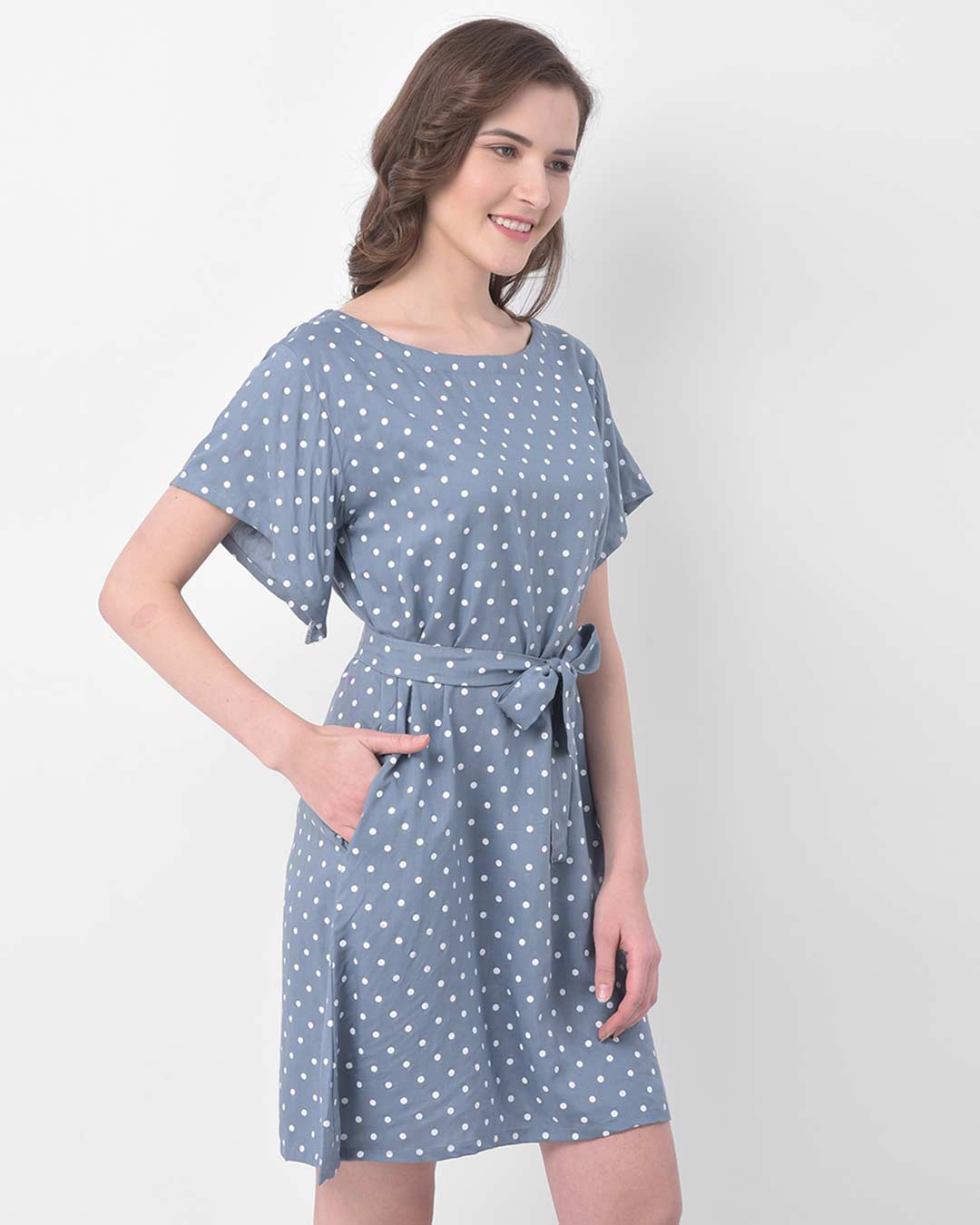 Shop Polka Print Sleep Dress In Grey  Rayon-Back