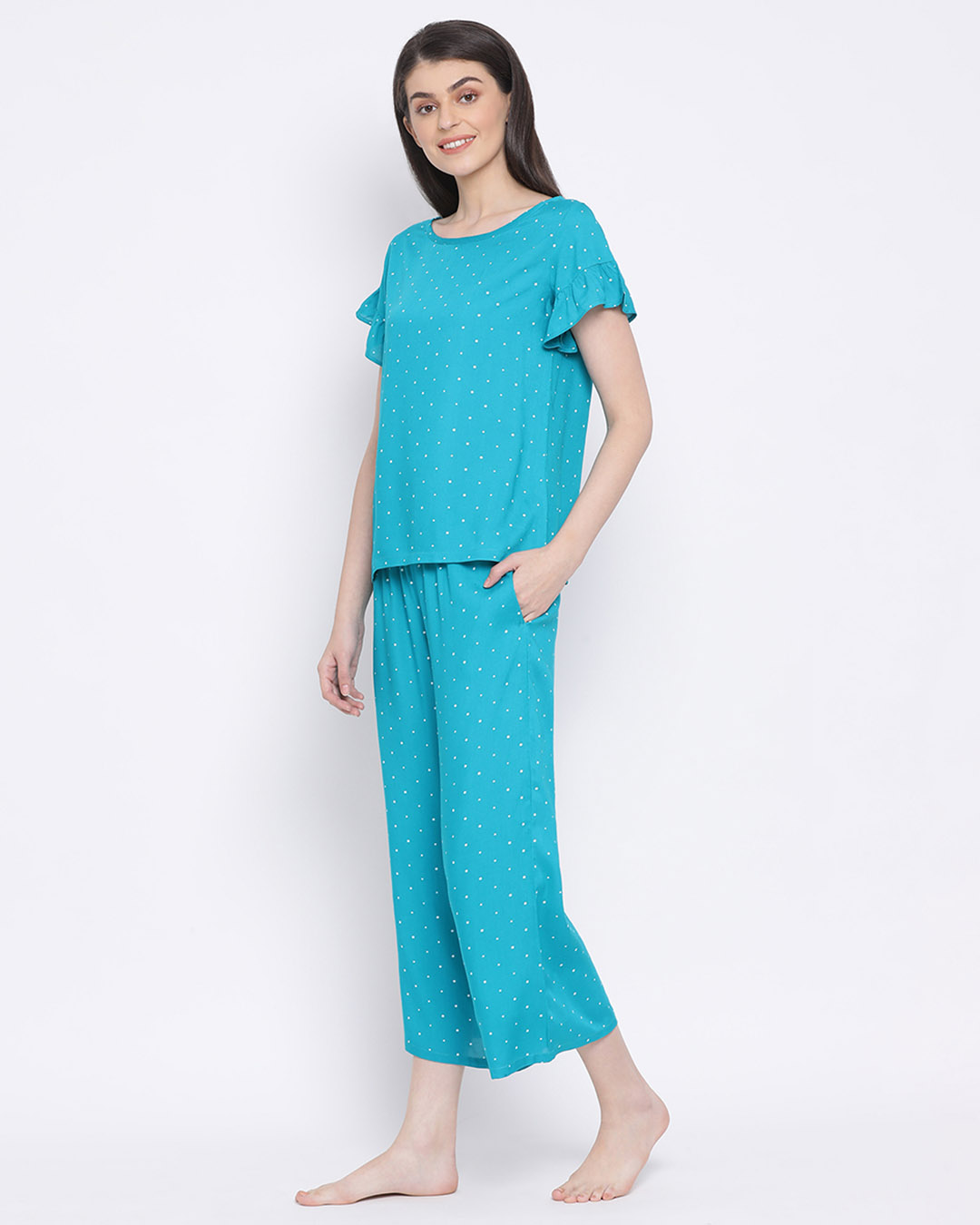 Shop Polka Print Top & Pyjama Set In Light Blue-Back