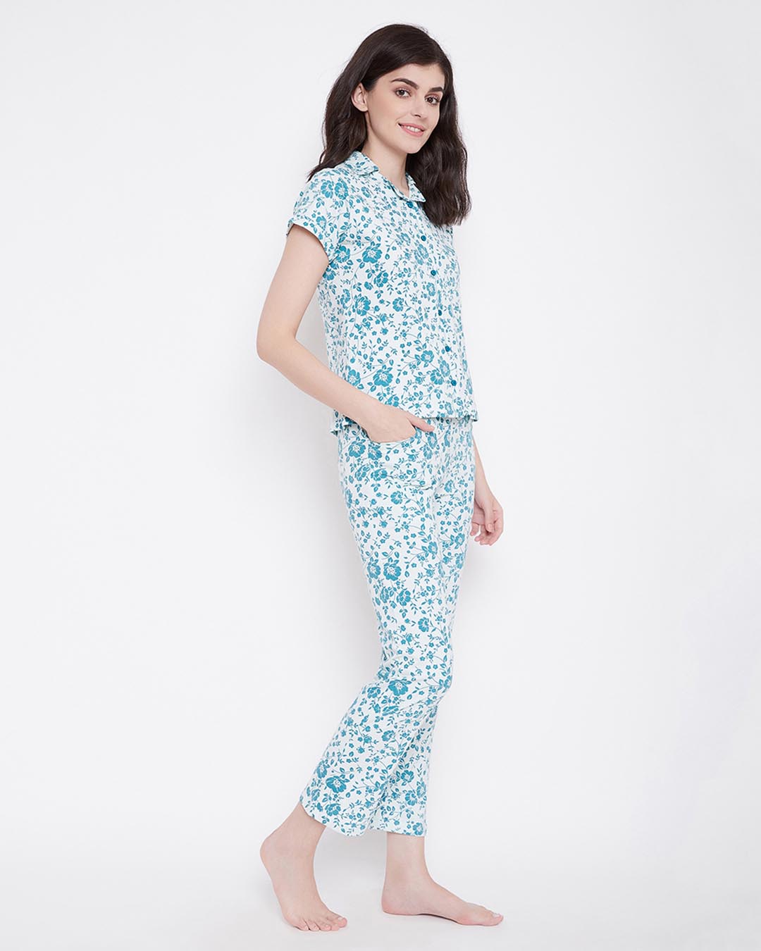 Shop Pretty Florals Button Me Up Shirt & Pyjama In Blue   Cotton-Back