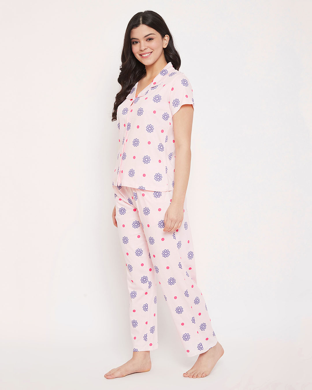 Shop Pretty Florals Button Me Up Shirt & Pyjama In Baby Pink   100% Cotton-Back